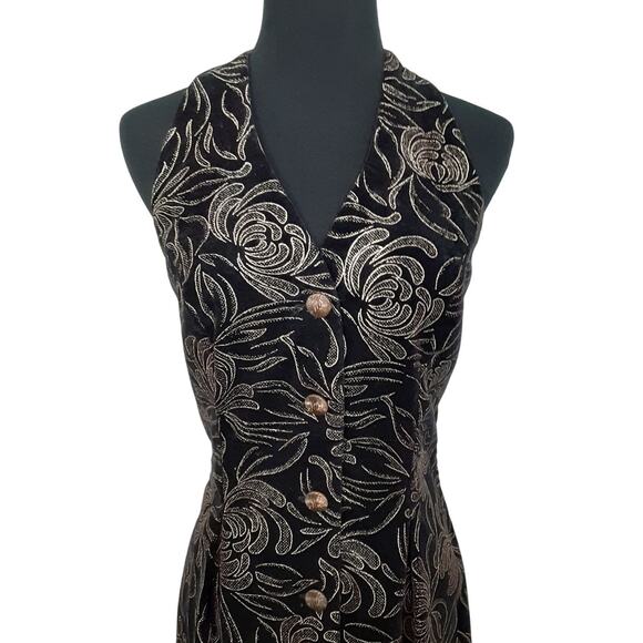 Vintage 90s Cocktail Dress Button Front Waistcoat Mini Velour Black Brocade Sexy - Picture 3 of 16